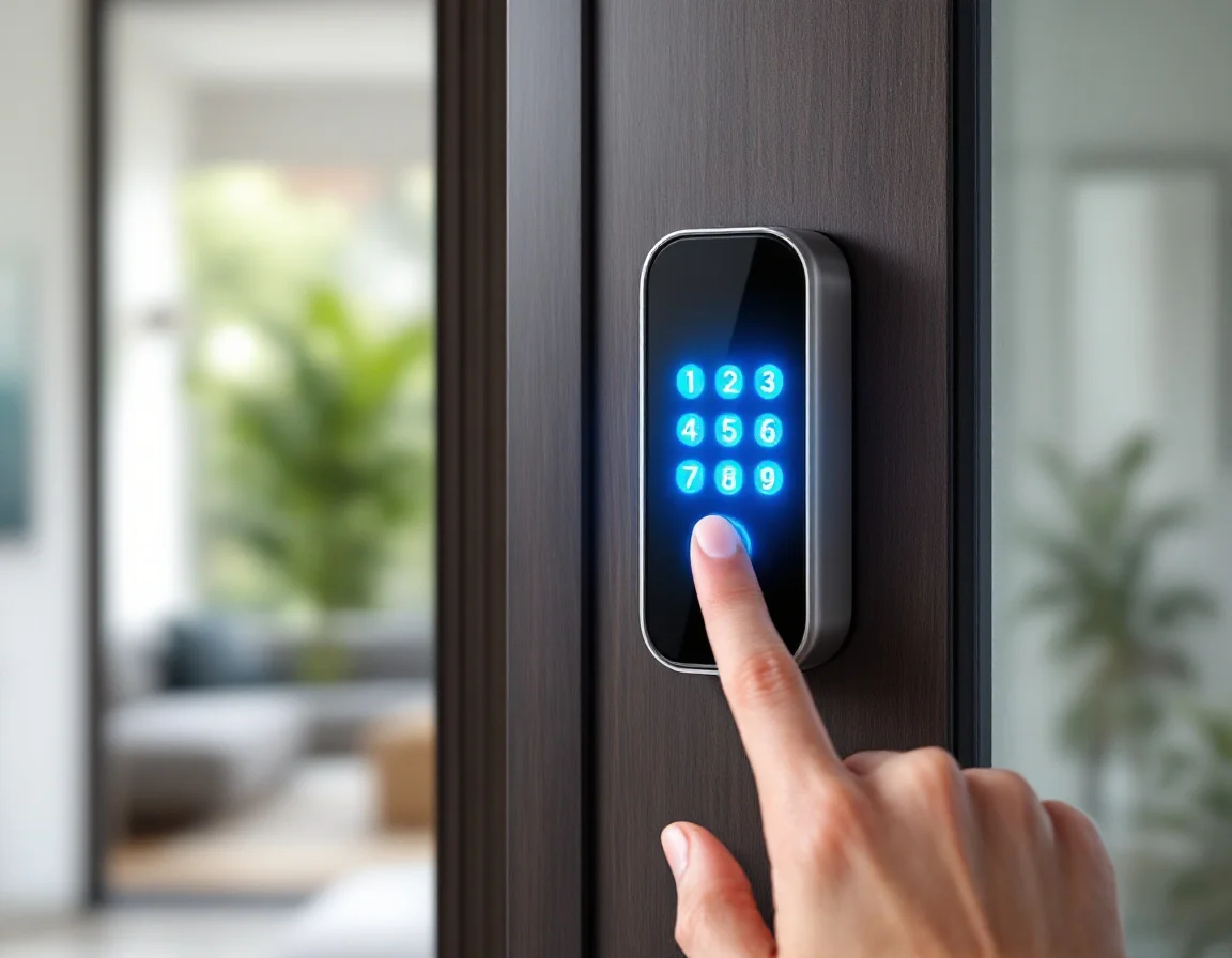 Modern smart lock with keypad being installed on a front door