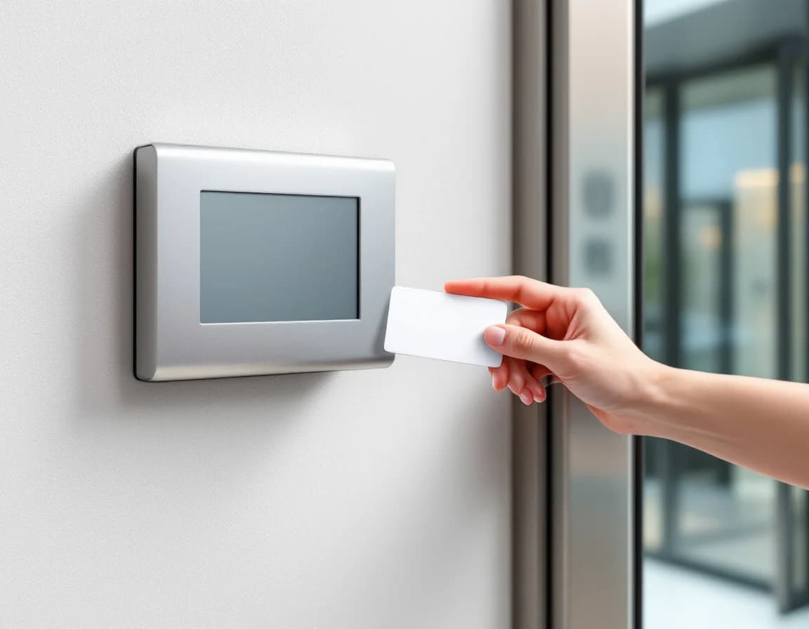 Keycard access control reader mounted beside a commercial door