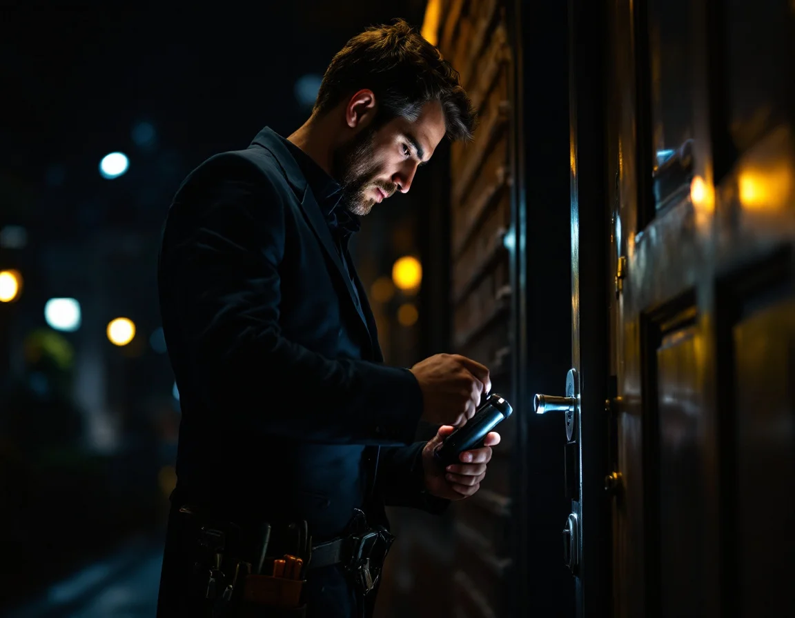 24/7 emergency locksmith unlocking a door at night with a flashlight