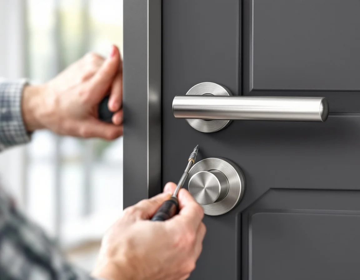 New high-security lock and handle set being installed on a residential door